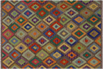 Flat Weave Kilim, Antique, Navaho, Vintage, Handmade, Geometric Kilim Brown Blue Hand-Woven Rectangle 100% Wool Area Rug 5 x 7